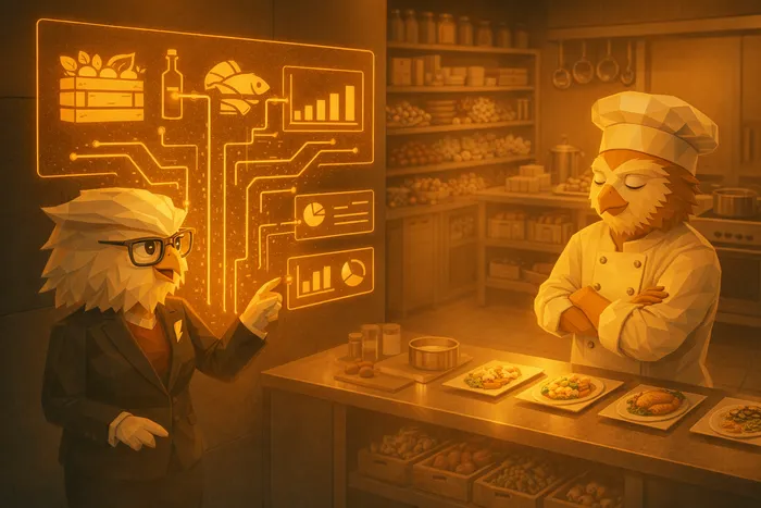 Ivy managing digital restaurant inventory while Chef Cook calmly plans dishes on a tablet in a modern kitchen environment
