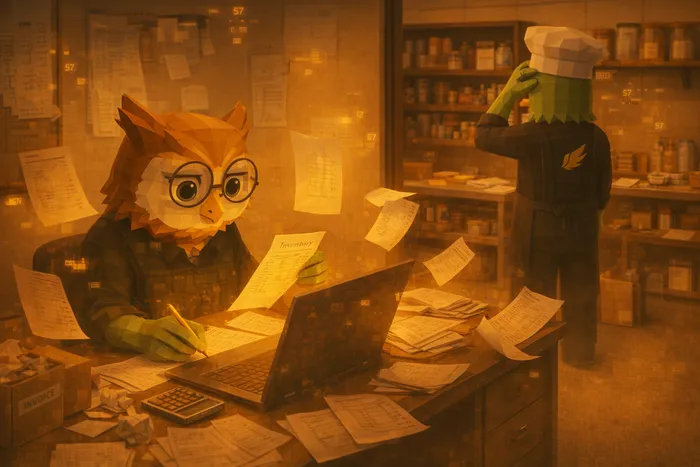 Ivy reviewing inventory spreadsheets and paper lists while Chef Cook struggles to plan menu items with incomplete stock information