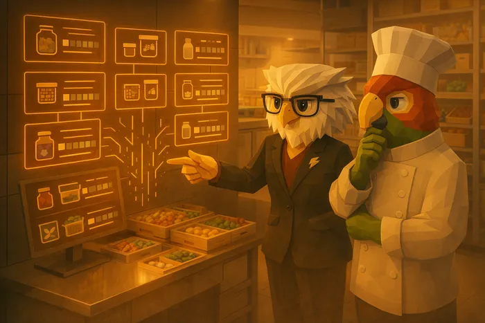 Ivy reviewing a restaurant inventory dashboard with Chef Cook while checking ingredient availability in a calm, organized kitchen operations environment
