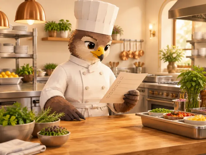 Chef Cook reviewing a prep checklist in a calm, organized restaurant kitchen with warm premium lighting