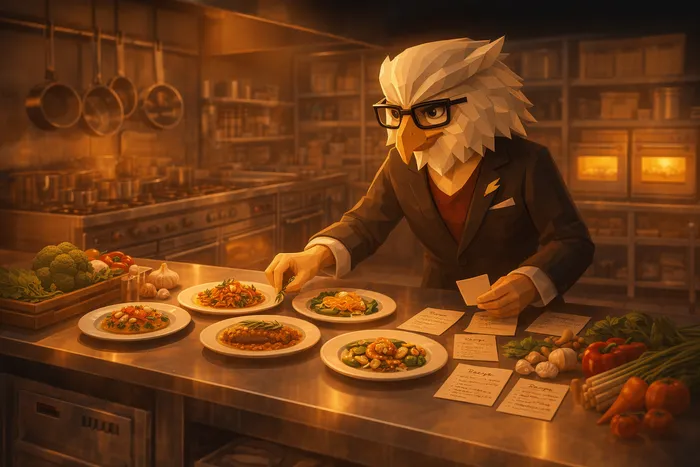 Chef Cook reviewing menu ideas and restaurant dishes with AI assistance