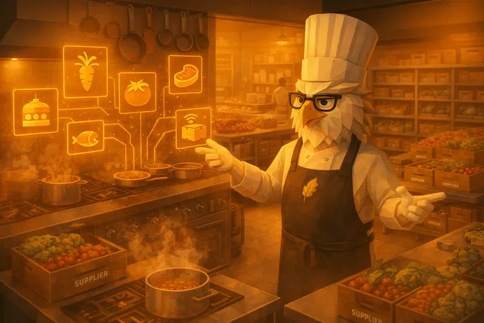 Restaurant owner reviewing AI-powered kitchen operations dashboard
