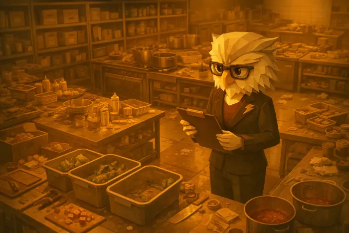 A messy restaurant kitchen late at night with a stressed inventory manager reviewing empty stock shelves and handwritten notes