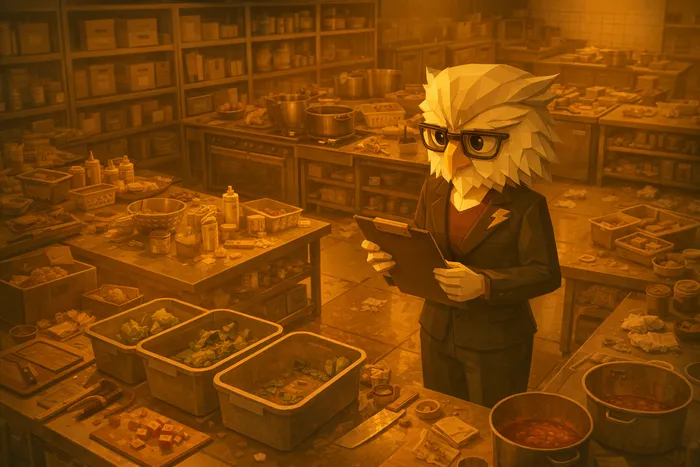 A messy restaurant kitchen late at night with a stressed inventory manager reviewing empty stock shelves and handwritten notes