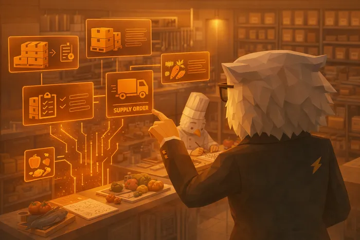 Chef Cook reviewing menu options calmly while Ivy monitors inventory data on a digital dashboard in a professional restaurant kitchen