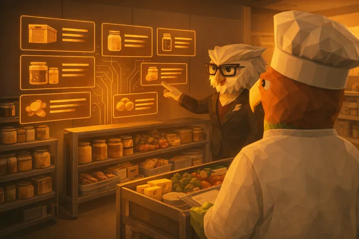 Ivy and Chef Cook interacting with a conversational restaurant inventory interface that allows quick stock checks and ordering commands