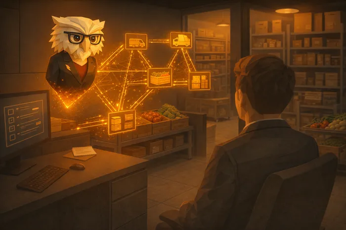 Ivy explaining AI-powered restaurant operations and inventory automation to restaurant owners in a modern office workspace