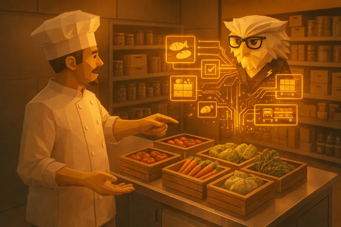 Chef Cook and Ivy coordinating supplier orders with a streamlined KitchenCrew dashboard in a calm professional kitchen environment