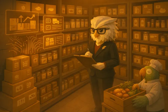 Organized restaurant inventory system with Ivy coordinating stock and orders while Chef Cook reviews ingredients for service