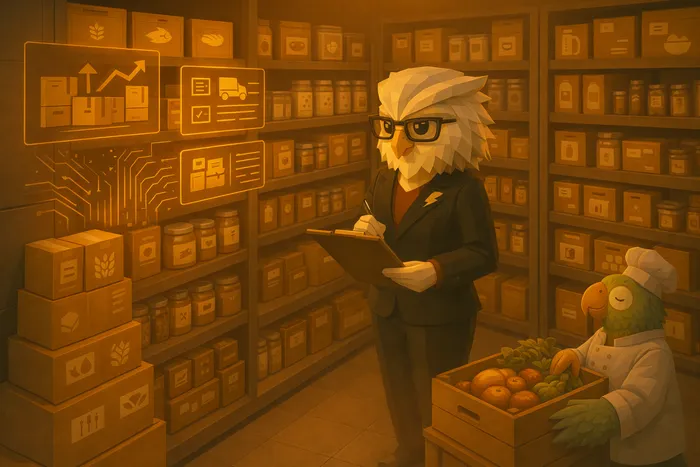 Organized restaurant inventory system with Ivy coordinating stock and orders while Chef Cook reviews ingredients for service