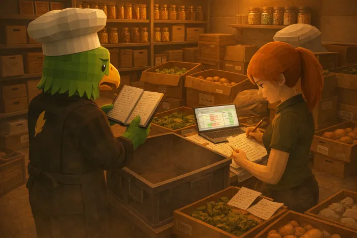Restaurant kitchen team attempting to coordinate inventory, suppliers, and menu planning using scattered spreadsheets and paperwork