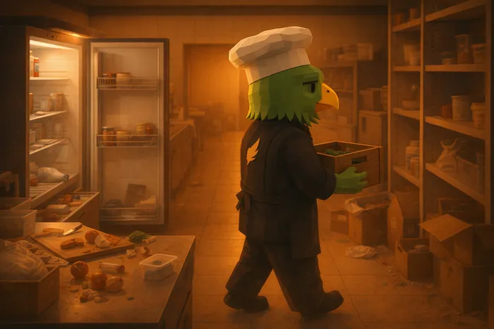 Front-facing Chef Cook reviewing ingredient inventory in a late-night kitchen, standing in front of a cluttered prep station with empty containers after service
