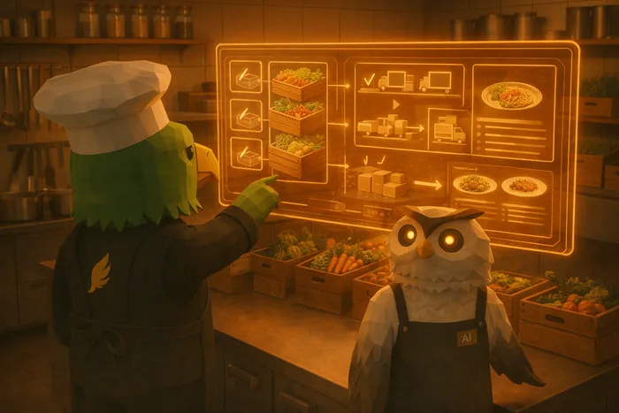 Kitchen management interface showing ingredient inventory, supplier ordering suggestions, and menu planning insights connected in one dashboard