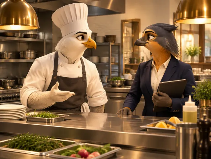 Kitchen Crew characters coordinating prep and service handoffs in a bright professional restaurant kitchen without digital screens