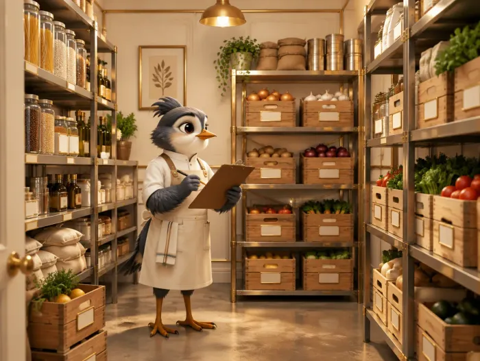 Ivy checking dry storage inventory with a clipboard in a tidy restaurant storeroom with warm neutral tones