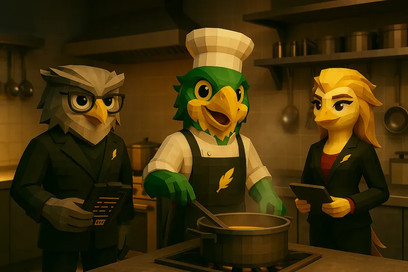 Illustration of Kitchen Crew: stylized bird characters as kitchen manager, chef at the stove, and coordinator with tablet in a professional kitchen.