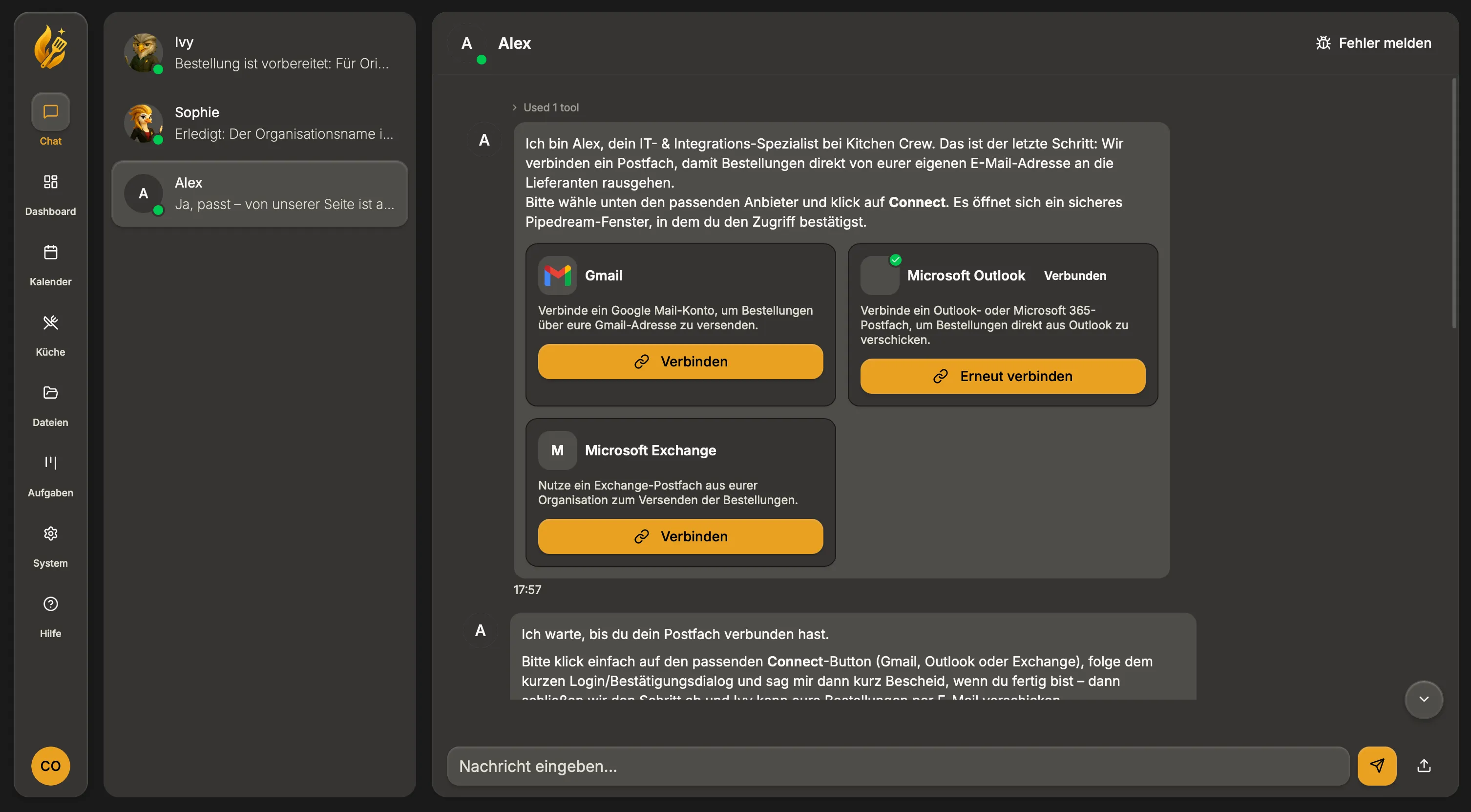 KitchenCrew email setup flow with Gmail, Outlook, and Exchange connection options.