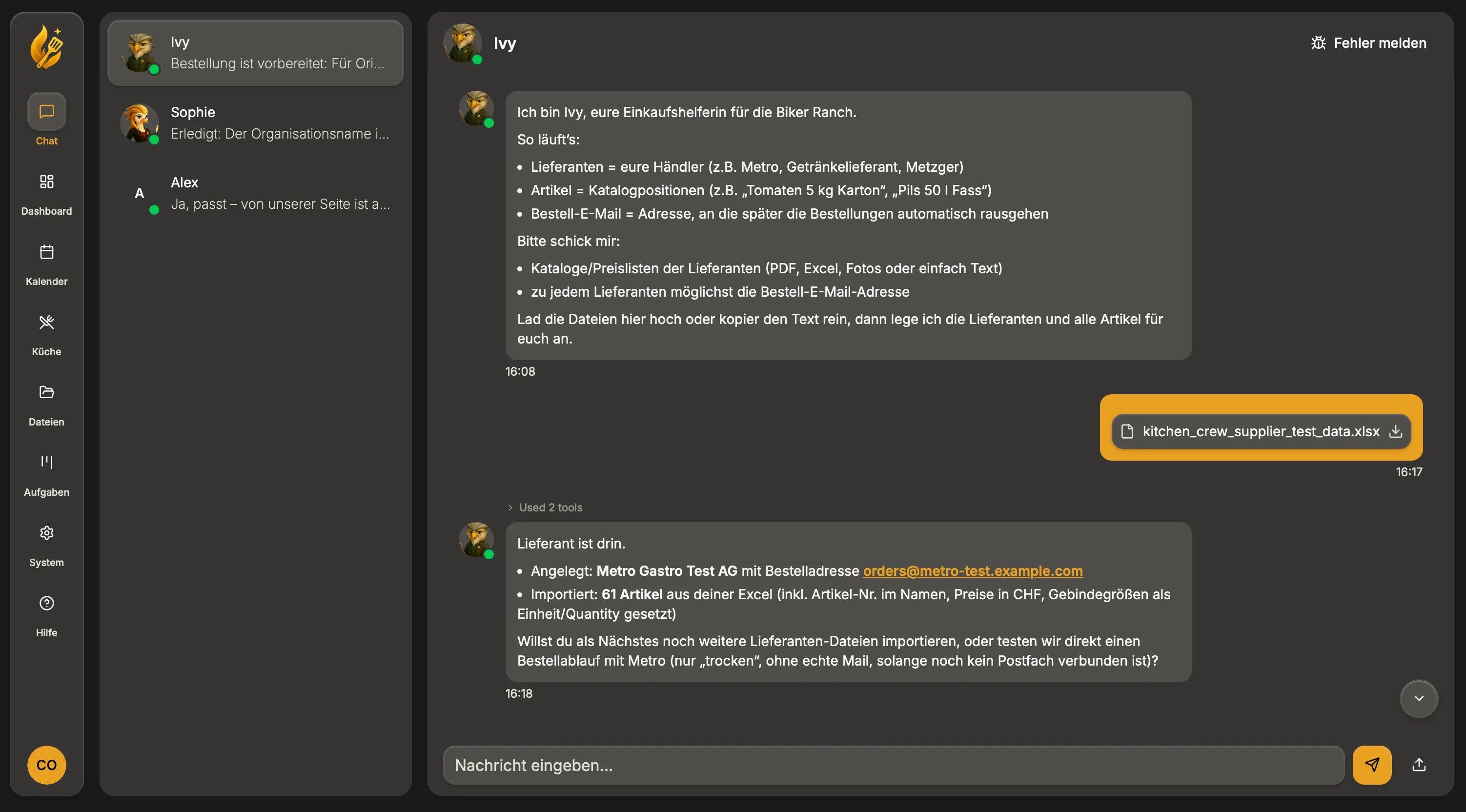 KitchenCrew chat guiding a supplier file upload and import.